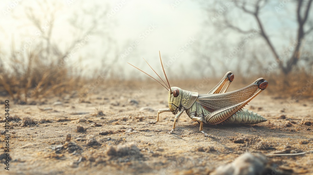 Grasshopper resting on dry soil, minimal tree line background Grasshopper resting on dry soil, minimal tree line background