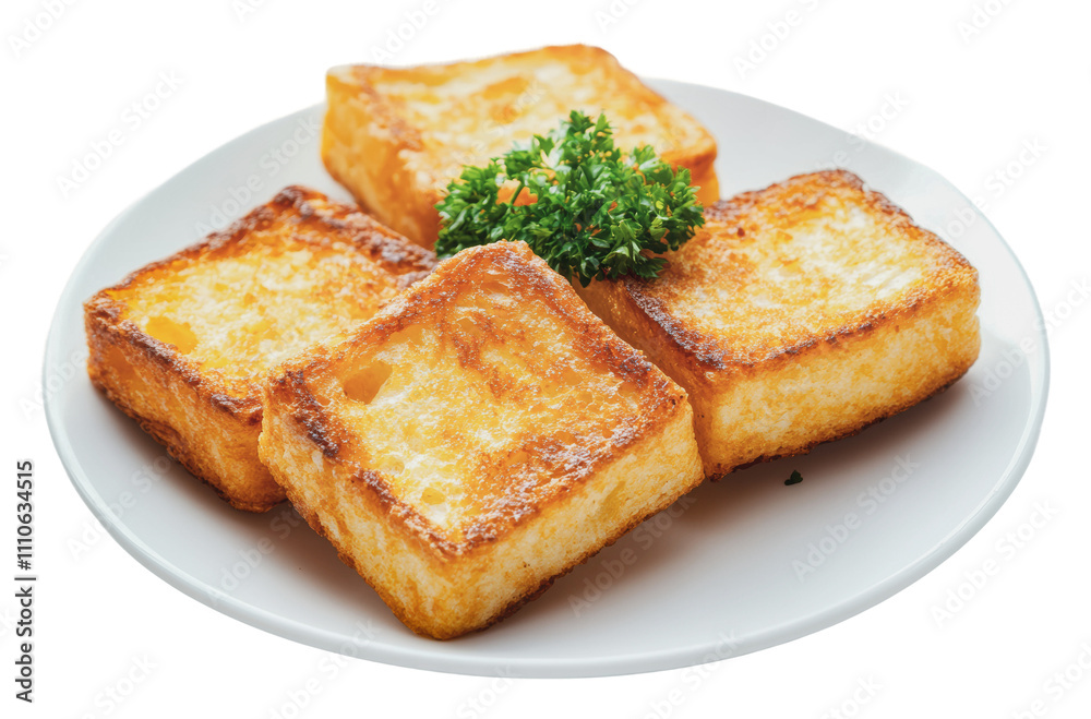 Delicious golden fried tofu on a white plate, cut out - stock png. Delicious golden fried tofu on a white plate, cut out - stock png.
