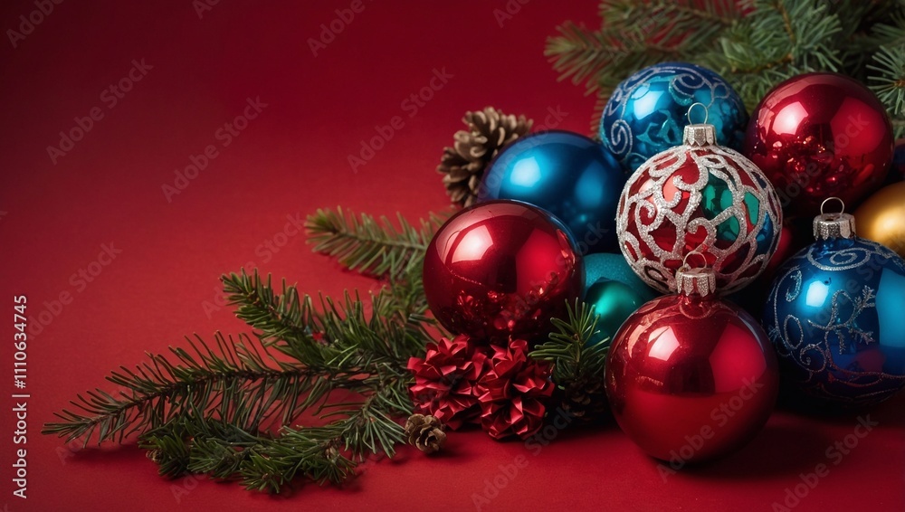 Obraz premium Christmas gift on a monochrome studio background, Christmas tree decorations. Gift box with ribbon, purple, green, red
