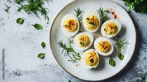 Deviled eggs garnished with fresh herbs and paprika on white plate