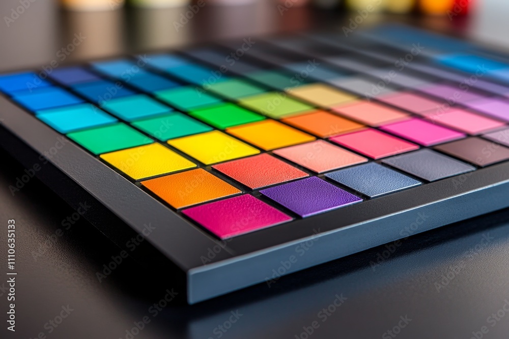 A macro shot of CMYK swatches with their ink percentage breakdown visible beneath each color A macro shot of CMYK swatches with their ink percentage breakdown visible beneath each color