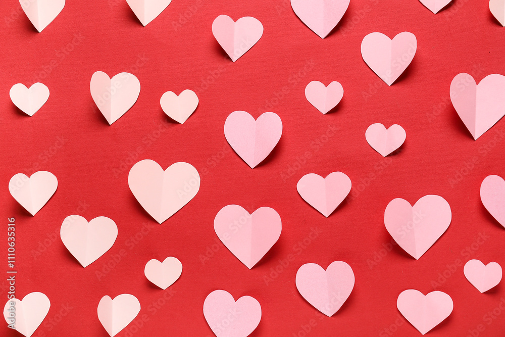 Composition with paper hearts on red background. St. Valentine's Day. Composition with paper hearts on red background. St. Valentine's Day.