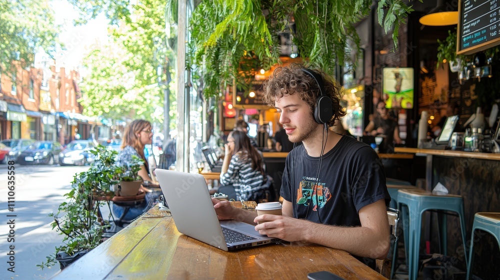 Naklejka premium Young adult man enjoying coffee at a bustling cafe while working on his laptop and wearing headphones, surrounded by greenery and lively atmosphere