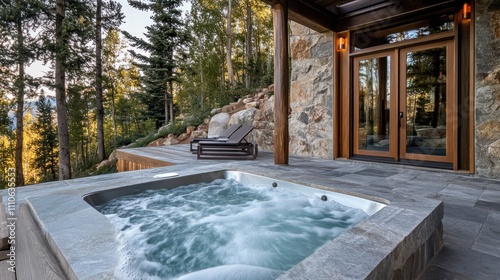 Outdoor hot tub on patio with mountain view.