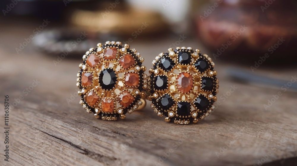 A pair of gold rings adorned with black and orange gemstones, symbolizing love, elegance, and commitment A pair of gold rings adorned with black and orange gemstones, symbolizing love, elegance, and commitment