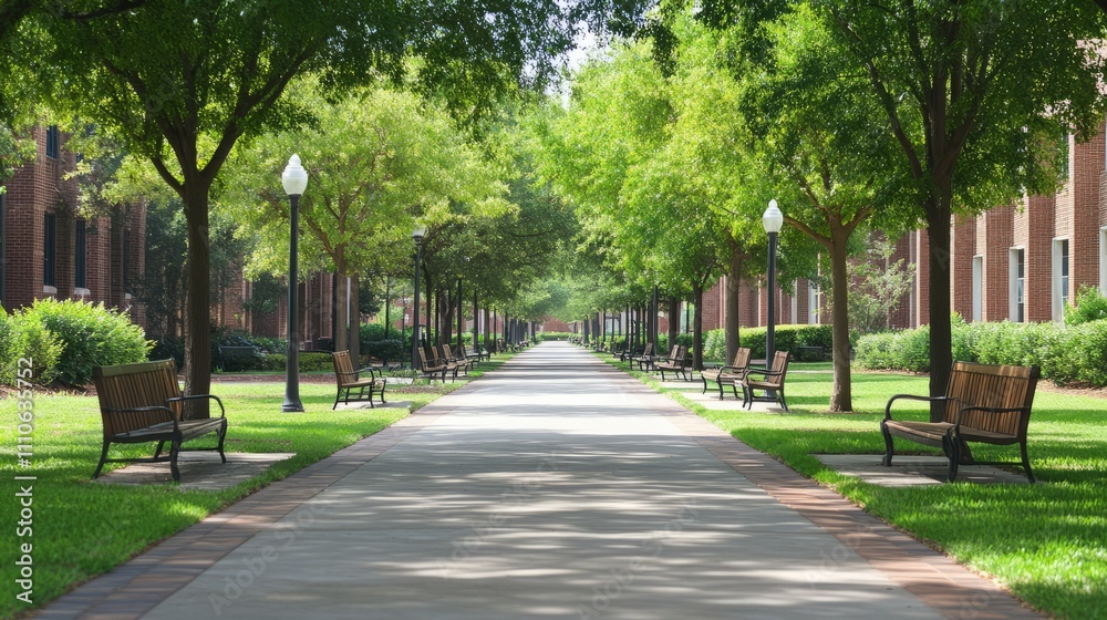 A university campus pathway lined with trees, benches, and academic buildings on either side A university campus pathway lined with trees, benches, and academic buildings on either side
