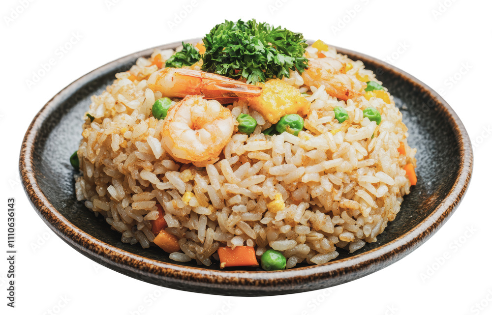 Delicious shrimp fried rice with fresh vegetables, cut out - stock png. Delicious shrimp fried rice with fresh vegetables, cut out - stock png.