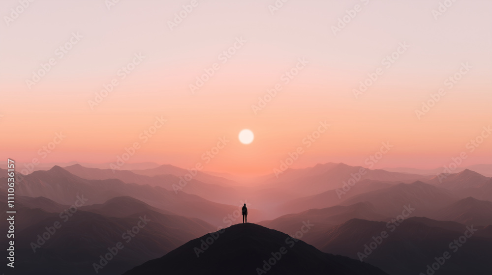 Solo Traveler on Mountain Peak at Sunset Solo Traveler on Mountain Peak at Sunset