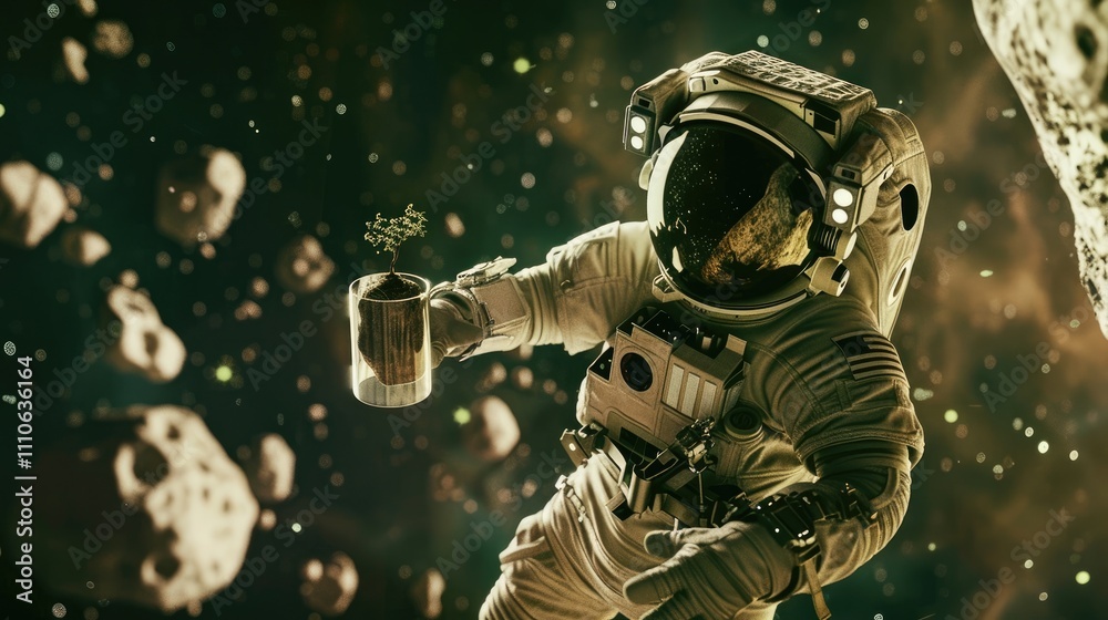 Fototapeta premium Astronaut floating in space holding a transparent container with a small plant, symbolizing life on an asteroid, surrounded by distant stars and a large asteroid in the background.