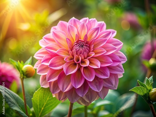 Captivating Close-Up of a Vibrant Pink Dahlia Surrounded by Lush Green Leaves on a Sunlit Day, Perfect for Nature and Floral Enthusiasts