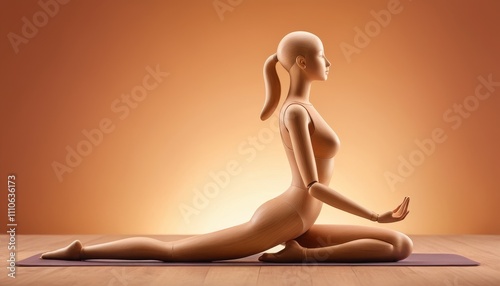 Wooden articulated mannequin standing in a yoga pose on a smooth surface, with a warm gradient background for a peaceful vibe