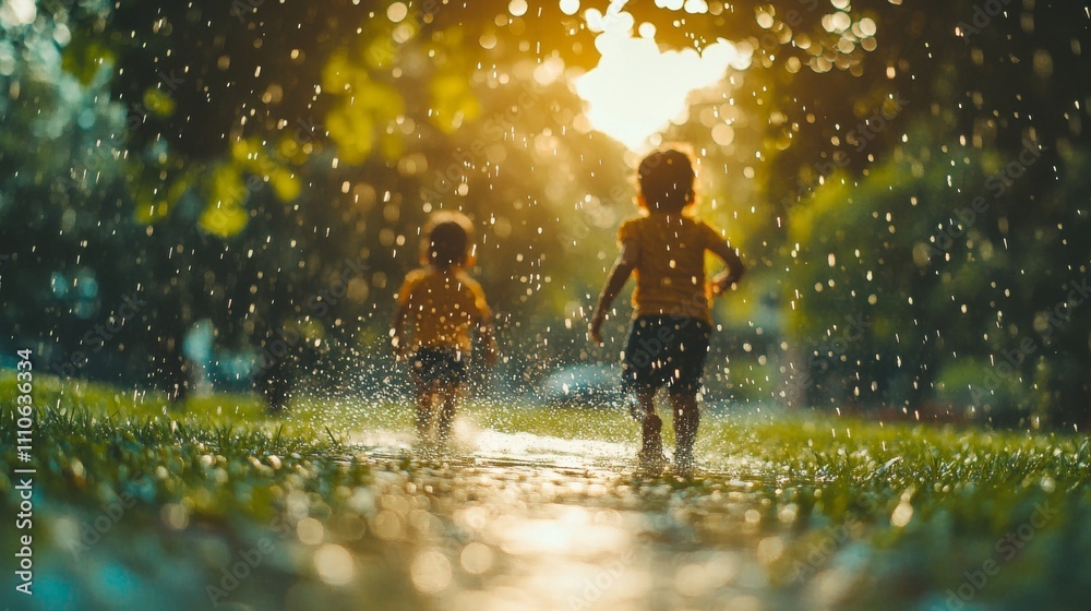 Two Toddlers Joyfully Playing in Rain Showers Two Toddlers Joyfully Playing in Rain Showers