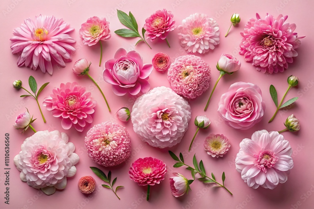 Captivating Composition of Pink Flowers Against a Soft Pink Background in a Flowerscape Flat Lay Design, Perfect for Floral Decor and Aesthetic Inspiration Captivating Composition of Pink Flowers Against a Soft Pink Background in a Flowerscape Flat Lay Design, Perfect for Floral Decor and Aesthetic Inspiration