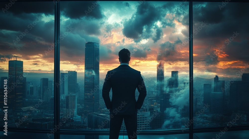 Fototapeta premium Businessman Contemplates Cityscape at Sunset