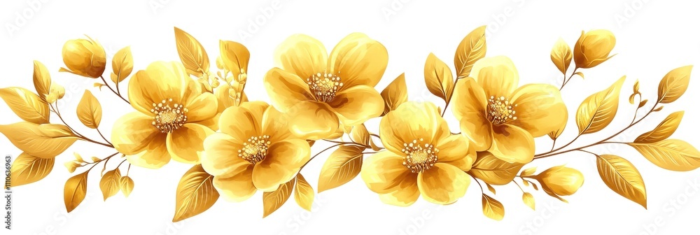 Yellow flowers with green leaves on a white isolated background, perfect for floral designs and decor.