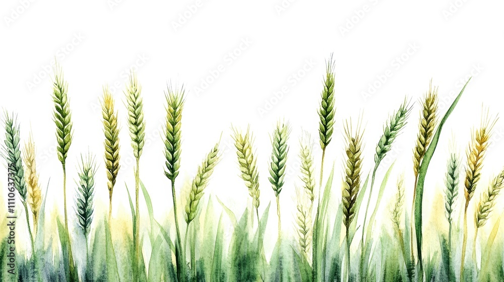 Wheat field illustration with green and golden spikes on a white isolated background. Wheat field illustration with green and golden spikes on a white isolated background.