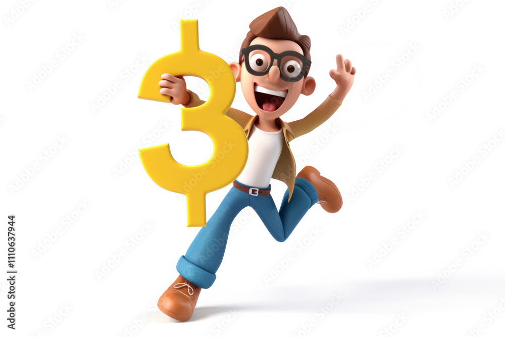 Energetic cartoon character holding dollar symbol