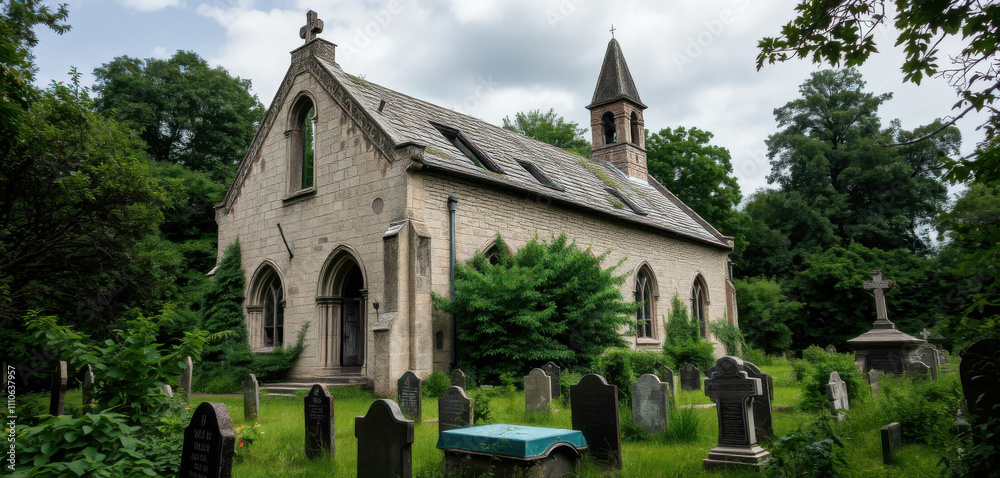 A crumbling, centuries-old church stands amidst a lush, overgrown graveyard, its weathered stone walls bearing the weight of history.