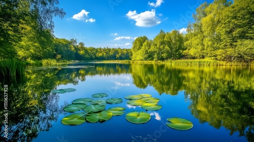 A tranquil pond with lily pads floating on the surface, the water reflecting the surrounding trees and blue sky