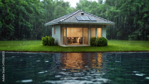 A small house with an umbrella roof in the rain, surrounded by water. Concept of home insurance and property protection, High Resolution