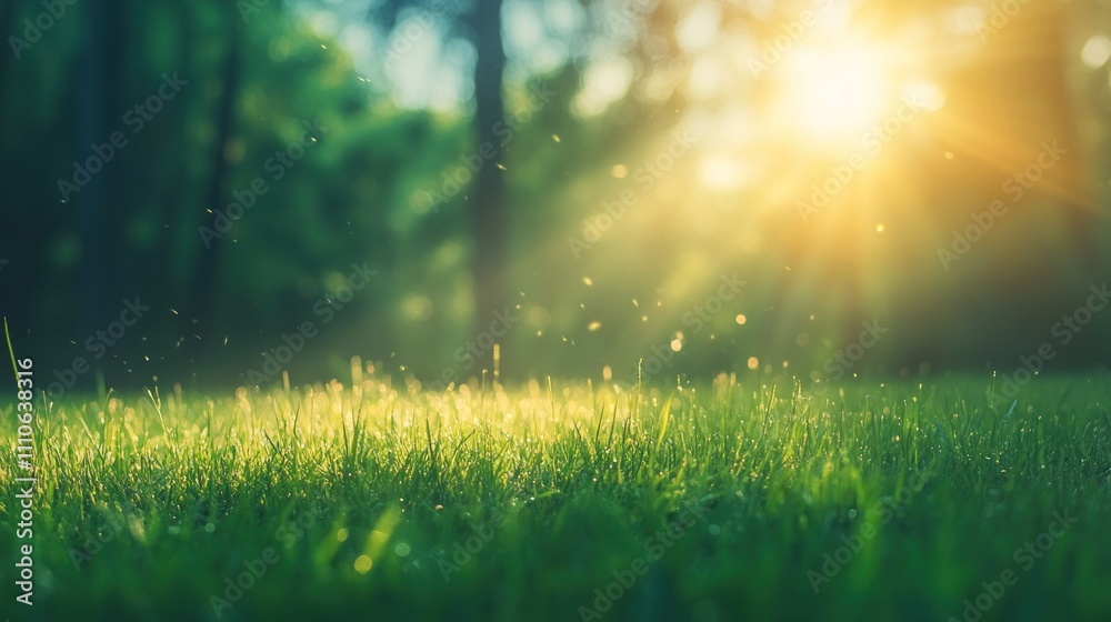 Sunlit natural serenity dew-kissed grass in a tranquil forest setting nature morning light peaceful mood Sunlit natural serenity dew-kissed grass in a tranquil forest setting nature morning light peaceful mood