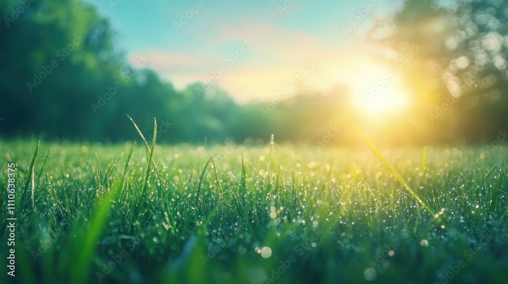 Morning sunlight illuminates dew-kissed grass in a peaceful natural landscape. Morning sunlight illuminates dew-kissed grass in a peaceful natural landscape.