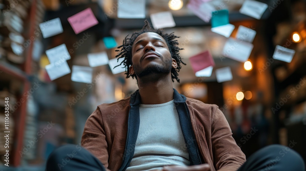 Man Meditating Amidst Falling Reminders Notes Man Meditating Amidst Falling Reminders Notes