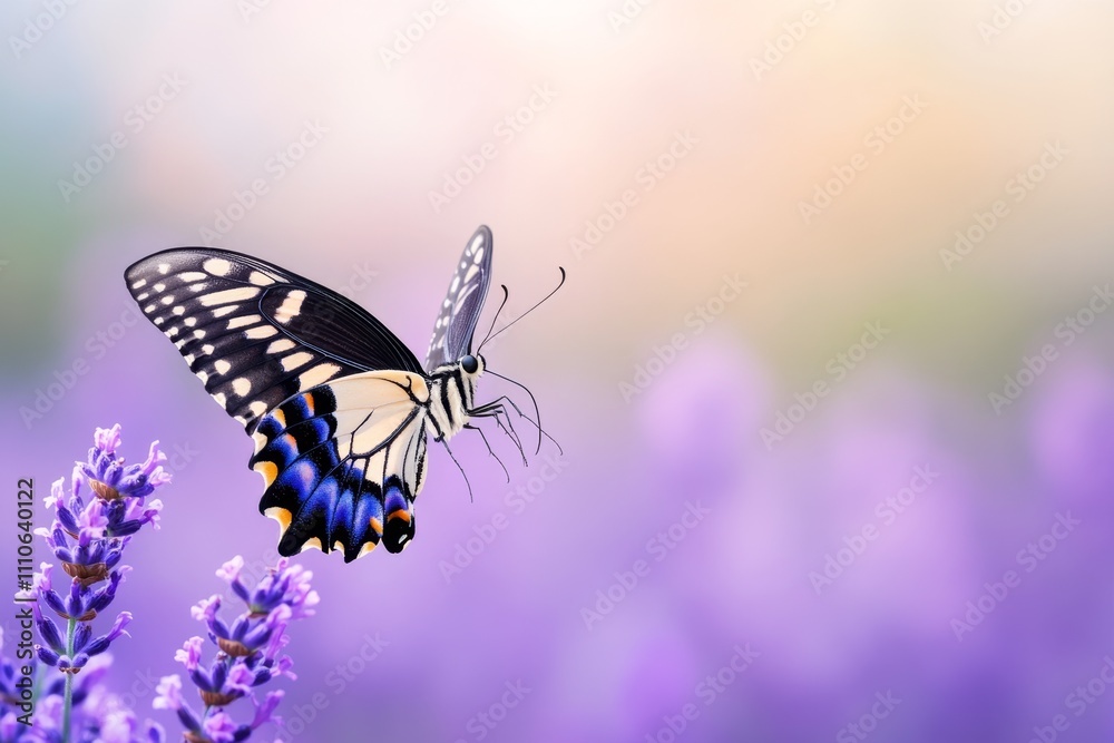 A swallowtail butterfly hovering over a lavender field, with its delicate wings backlit by the evening sun A swallowtail butterfly hovering over a lavender field, with its delicate wings backlit by the evening sun
