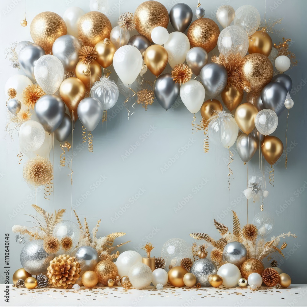 Festive and elegant layout with a collection of gold, silver, and white balloons clustered at the top
Festive and elegant layout with a collection of gold, silver, and white balloons clustered at the top