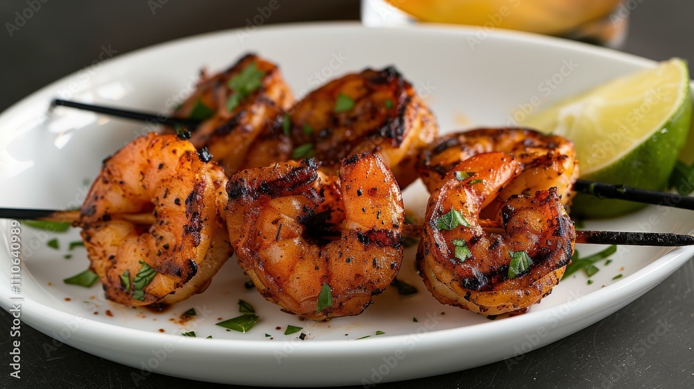 Grilled Shrimp Skewers with a garlic herb marinade in Beachside grill with tropical drinks Grilled Shrimp Skewers with a garlic herb marinade in Beachside grill with tropical drinks