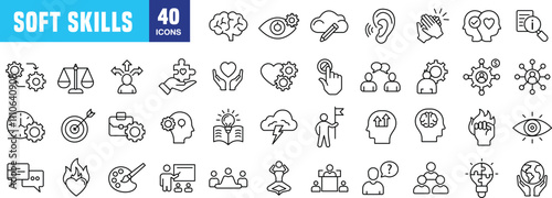 "Comprehensive Line Icons Representing Soft Skills for Modern Professionals"