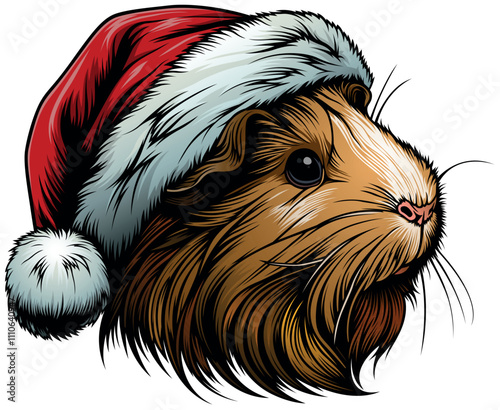 Guinea Pig with Santa Claus Cap - Colored Christmas  Illustration Isolated on White Background, Vector