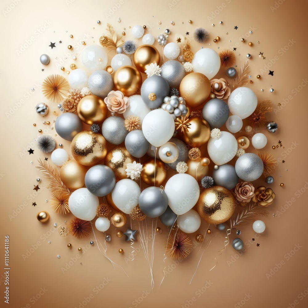 Festive and elegant layout with a collection of gold, silver, and white balloons clustered at the top
Festive and elegant layout with a collection of gold, silver, and white balloons clustered at the top