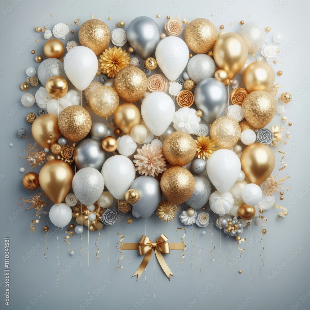 Festive and elegant layout with a collection of gold, silver, and white balloons clustered at the top
Festive and elegant layout with a collection of gold, silver, and white balloons clustered at the top