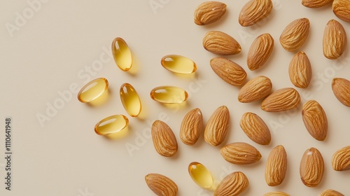 Wallpaper Mural Almond Nuts and Yellow Gel Capsules on Light Beige Background Torontodigital.ca