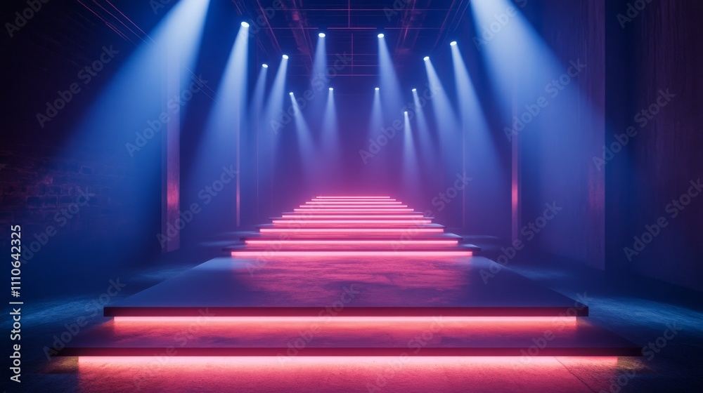 Neon Lit Steps In A Dark Room Setting Neon Lit Steps In A Dark Room Setting