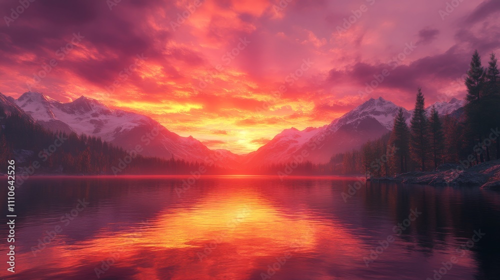 Fiery Sunset Over Snowy Mountains And Calm Lake Fiery Sunset Over Snowy Mountains And Calm Lake