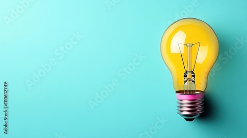 Bright yellow light bulb on a turquoise background, representing innovation and creativity.