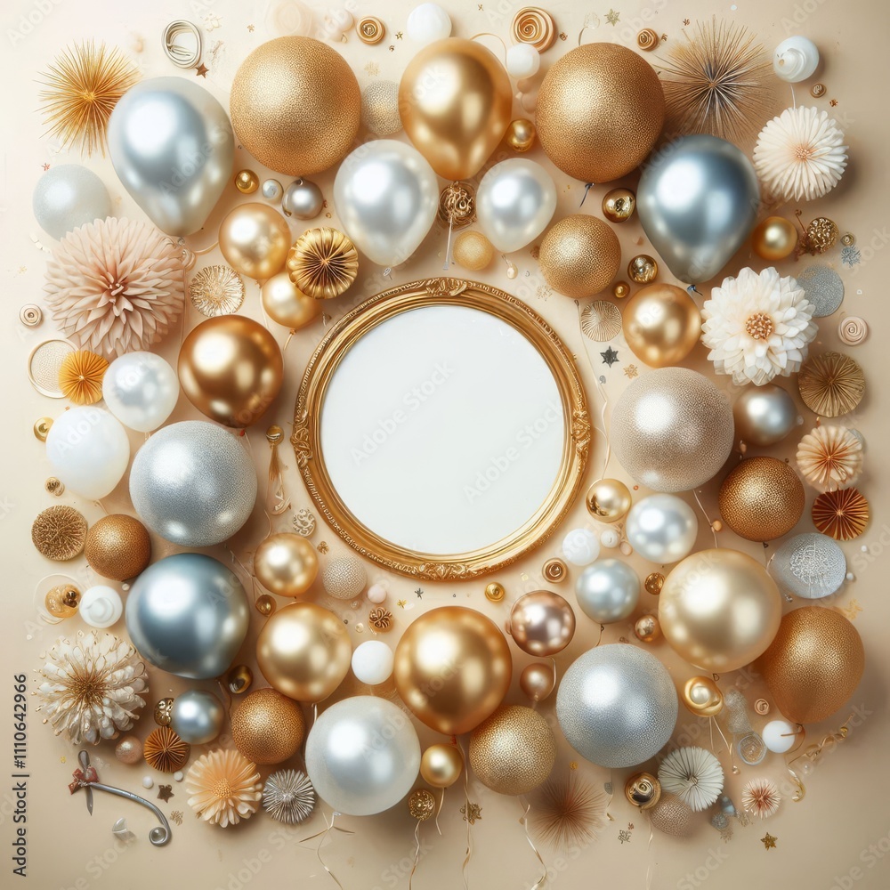 Festive and elegant layout with a collection of gold, silver, and white balloons clustered at the top
Festive and elegant layout with a collection of gold, silver, and white balloons clustered at the top