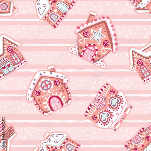 Seamless pattern with cute colorful gingerbread houses on pastel pink stripes and snow. Repeated surface vector design.