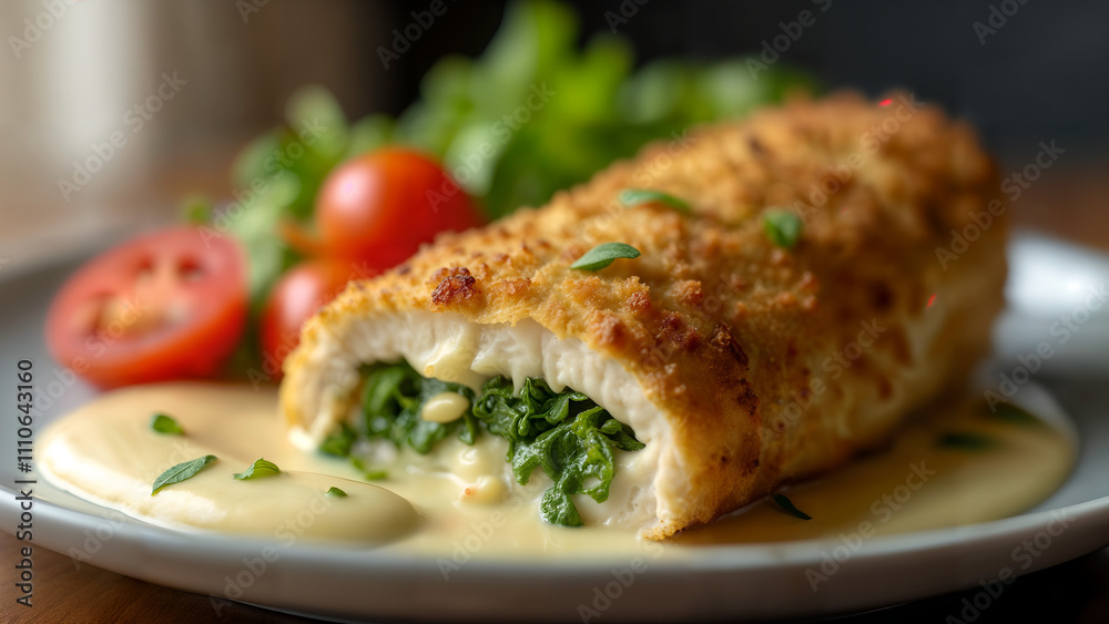 Intricate Close-Up of Crispy Chicken Kiev with Herby Filling and Creamy Garlic Sauce Beneath Natural Light Intricate Close-Up of Crispy Chicken Kiev with Herby Filling and Creamy Garlic Sauce Beneath Natural Light