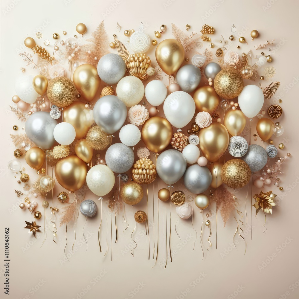 Festive and elegant layout with a collection of gold, silver, and white balloons clustered at the top
Festive and elegant layout with a collection of gold, silver, and white balloons clustered at the top
