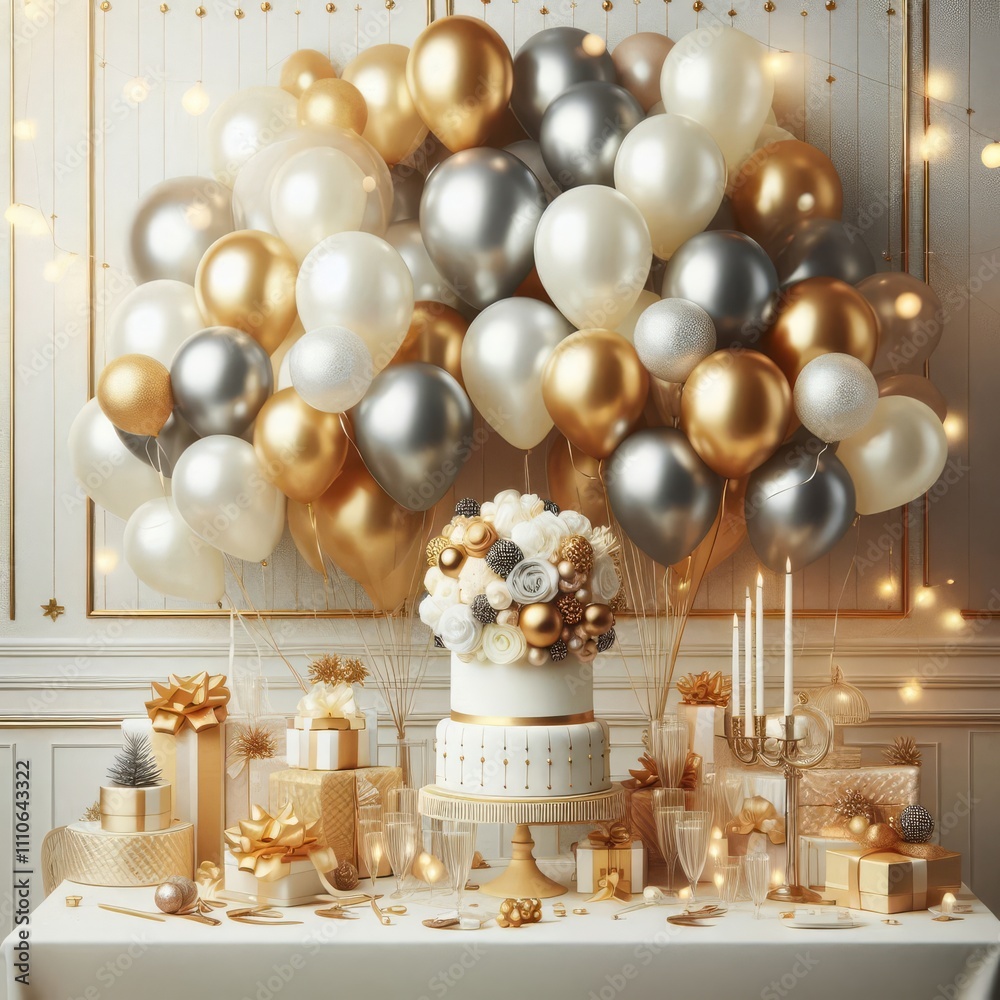 Festive and elegant layout with a collection of gold, silver, and white balloons clustered at the top
Festive and elegant layout with a collection of gold, silver, and white balloons clustered at the top