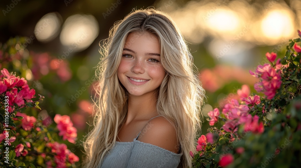 Portrait of a Smiling Woman in a Garden with Blooming Flowers Portrait of a Smiling Woman in a Garden with Blooming Flowers