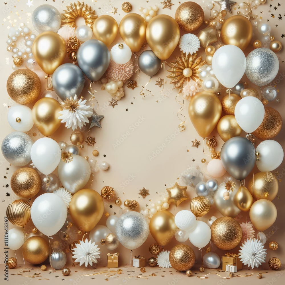 Festive and elegant layout with a collection of gold, silver, and white balloons clustered at the top
Festive and elegant layout with a collection of gold, silver, and white balloons clustered at the top