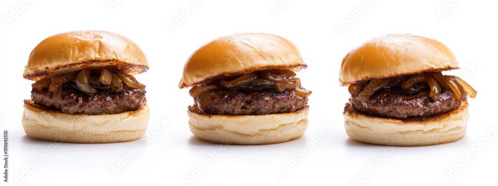A trio of mini beef sliders with caramelized onions, isolated white background, surreal art style A trio of mini beef sliders with caramelized onions, isolated white background, surreal art style