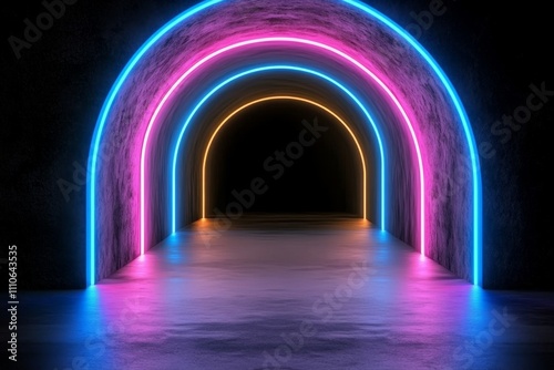 Modern data warehouse with neon blue and pink glowing servers arranged in a symmetrical tunnel, representing advanced database systems Realistic 3D vector illustration