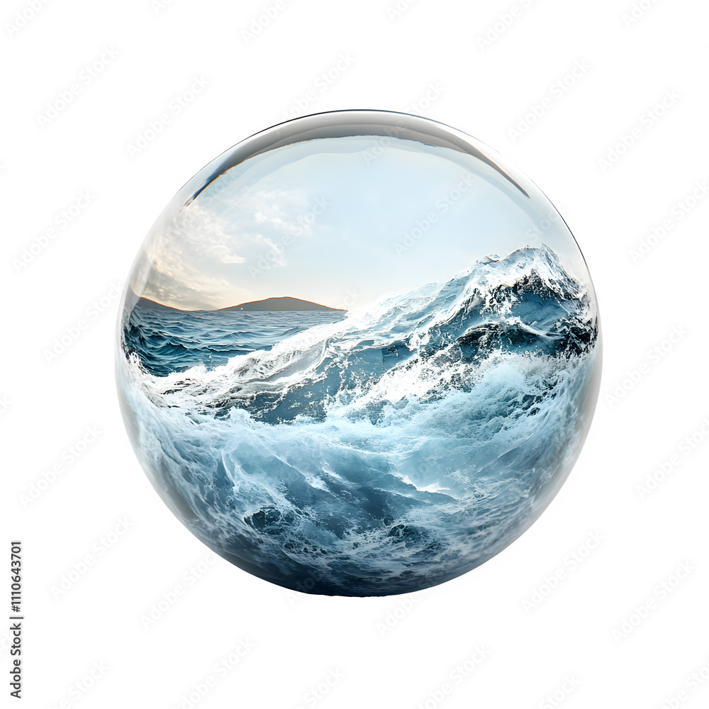 Captivating crystal ball shows ocean waves crashing on distant island, symbolizing nature's fragility Captivating crystal ball shows ocean waves crashing on distant island, symbolizing nature's fragility