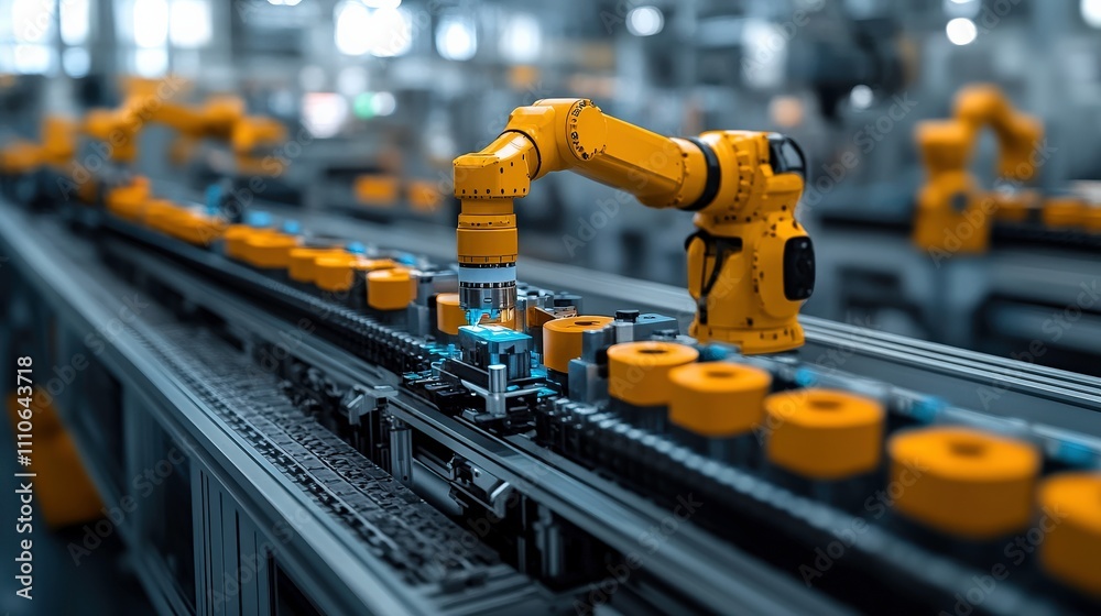 Fototapeta premium Robotic Arm in a Modern Manufacturing Facility Optimizing Production Efficiency with Automated Processes and Precision Tools on a Conveyor Belt