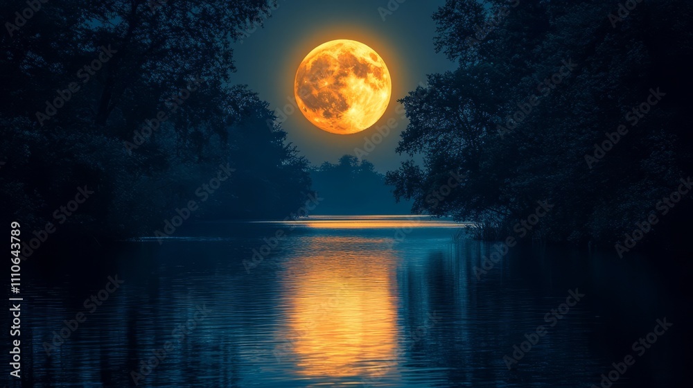 The glow of a full moon reflecting on a calm river, surrounded by dark silhouettes of trees The glow of a full moon reflecting on a calm river, surrounded by dark silhouettes of trees